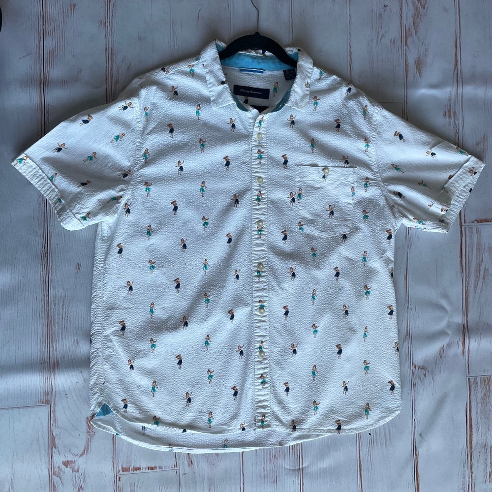 Tommy Bahama Mens XL White Hu-La-La Camp Shirt Dancing Hula Girls Seersucker - Picture 1 of 4